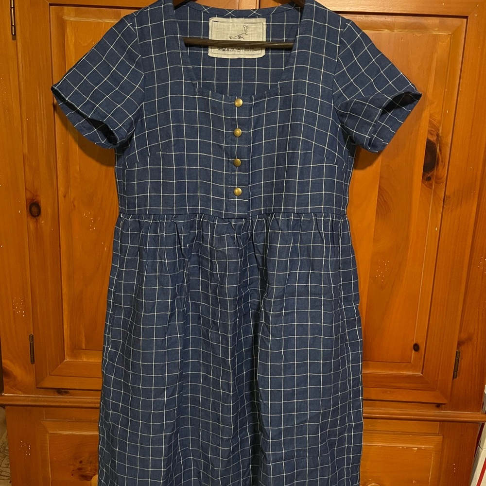 notPERFECTLINEN Navy Checkered Casual Dress